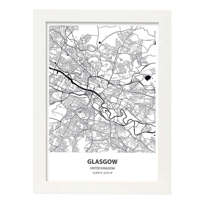 Poster con mapa de Glasgow - Reino Unido. Láminas de ciudades de Reino Unido con mares y ríos en color negro.-Artwork-Nacnic-A4-Marco Blanco-Nacnic Estudio SL