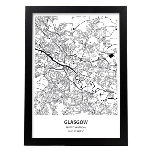 Poster con mapa de Glasgow - Reino Unido. Láminas de ciudades de Reino Unido con mares y ríos en color negro.-Artwork-Nacnic-A4-Marco Negro-Nacnic Estudio SL