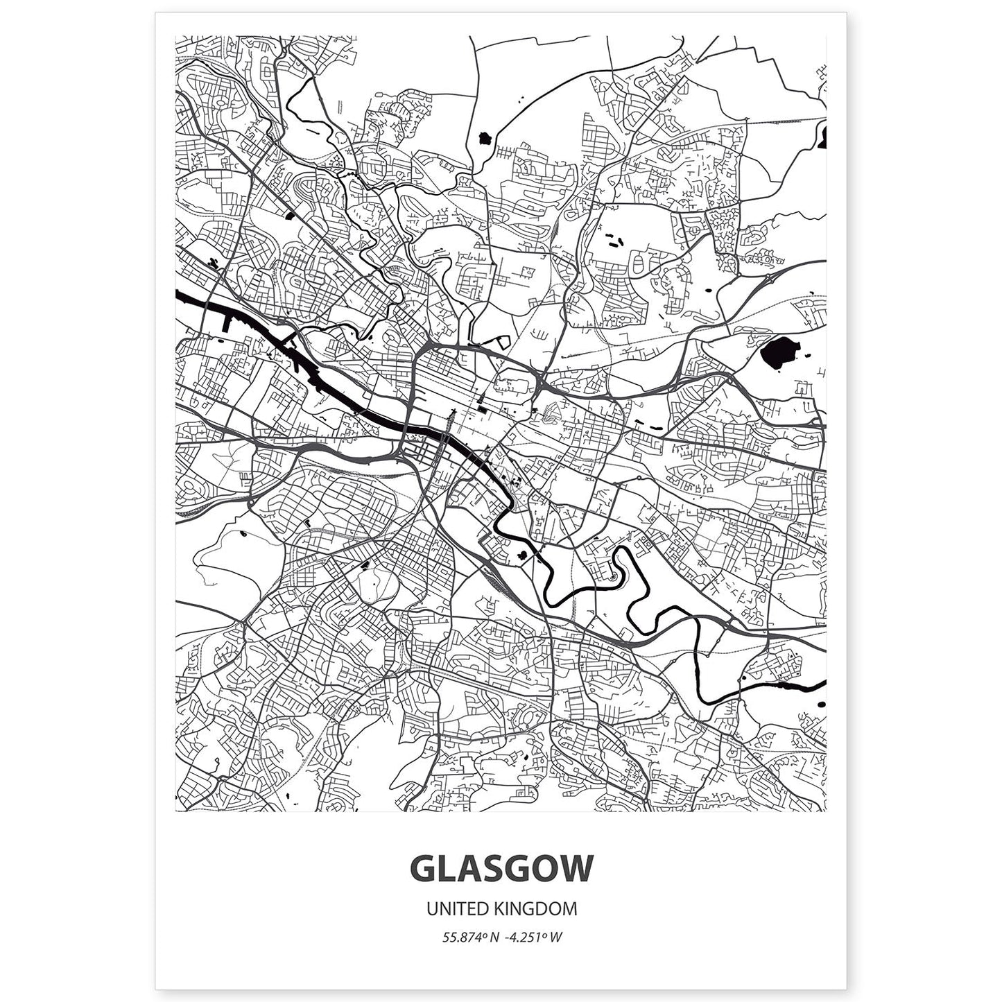 Poster con mapa de Glasgow - Reino Unido. Láminas de ciudades de Reino Unido con mares y ríos en color negro.-Artwork-Nacnic-A4-Sin marco-Nacnic Estudio SL