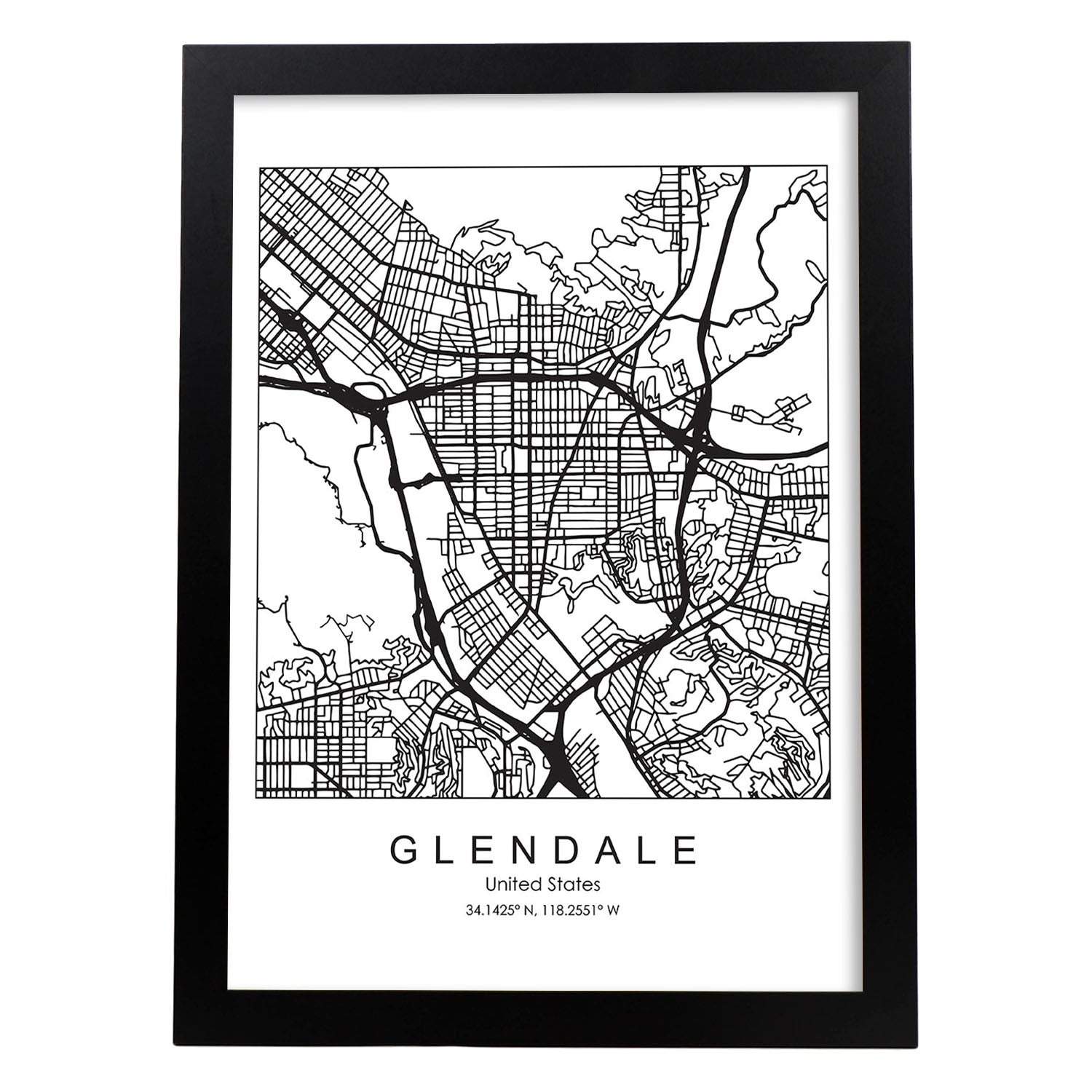 Poster con mapa de Glendale. Lámina de Estados Unidos, con imágenes de mapas y carreteras-Artwork-Nacnic-A4-Marco Negro-Nacnic Estudio SL