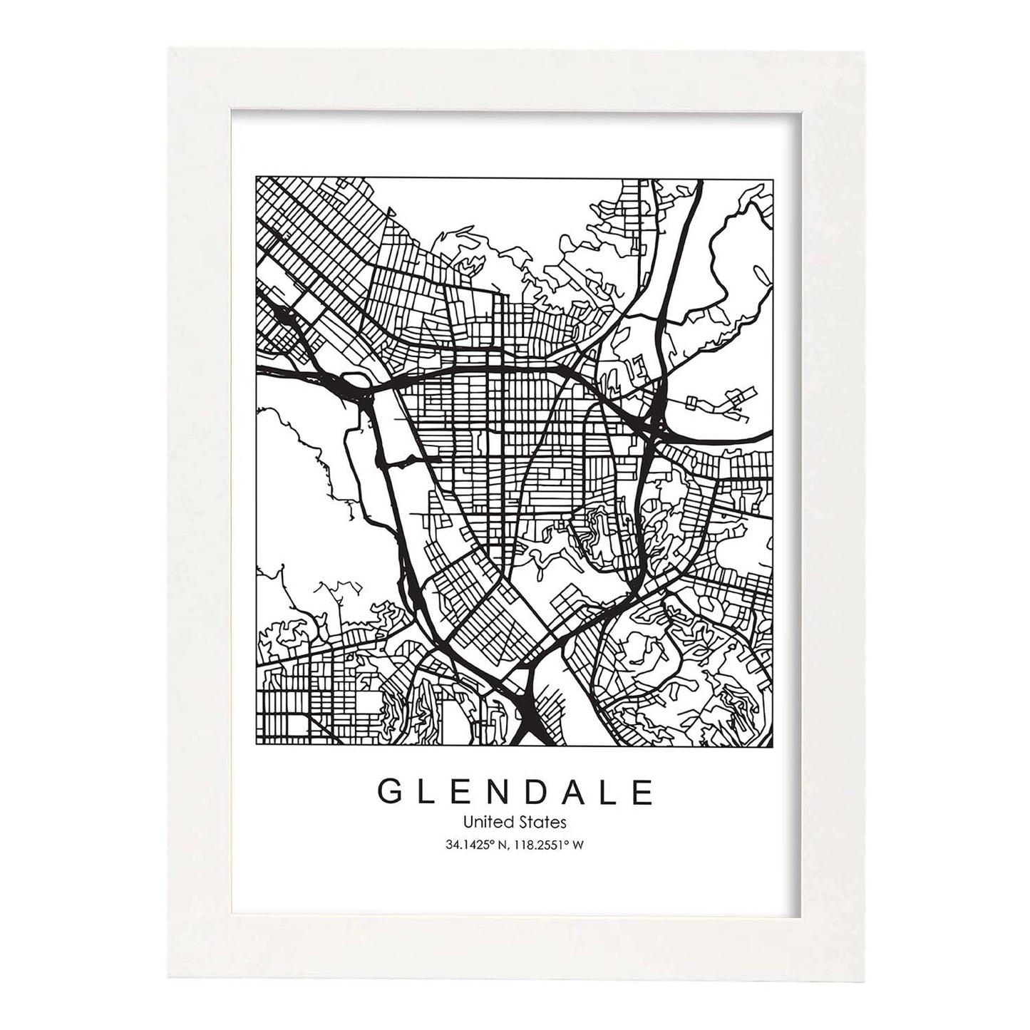 Poster con mapa de Glendale. Lámina de Estados Unidos, con imágenes de mapas y carreteras-Artwork-Nacnic-A3-Marco Blanco-Nacnic Estudio SL