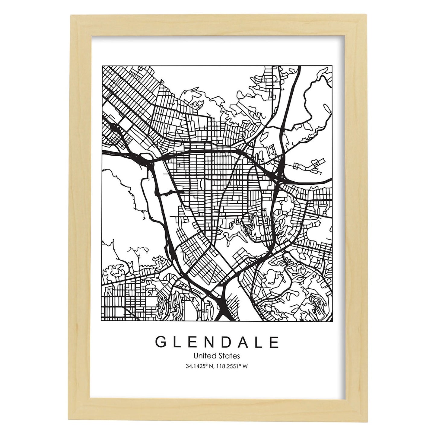 Poster con mapa de Glendale. Lámina de Estados Unidos, con imágenes de mapas y carreteras-Artwork-Nacnic-A3-Marco Madera clara-Nacnic Estudio SL