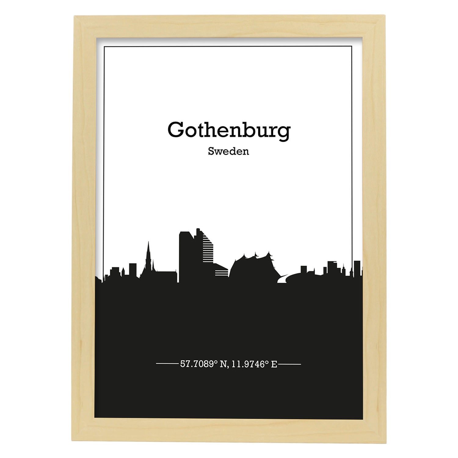 Poster con mapa de Gothenburg - Suecia. Láminas con Skyline de ciudades de Europa con sombra negra.-Artwork-Nacnic-A3-Marco Madera clara-Nacnic Estudio SL