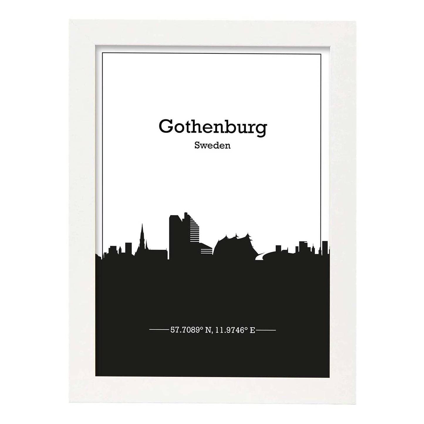 Poster con mapa de Gothenburg - Suecia. Láminas con Skyline de ciudades de Europa con sombra negra.-Artwork-Nacnic-A4-Marco Blanco-Nacnic Estudio SL