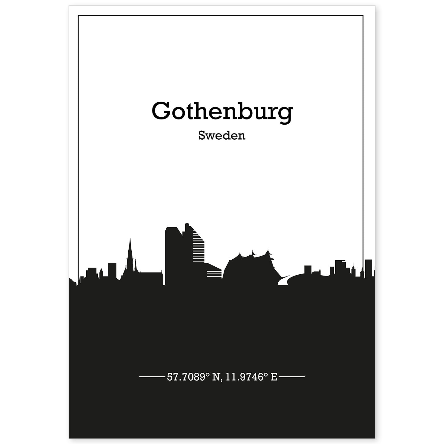 Poster con mapa de Gothenburg - Suecia. Láminas con Skyline de ciudades de Europa con sombra negra.-Artwork-Nacnic-A4-Sin marco-Nacnic Estudio SL