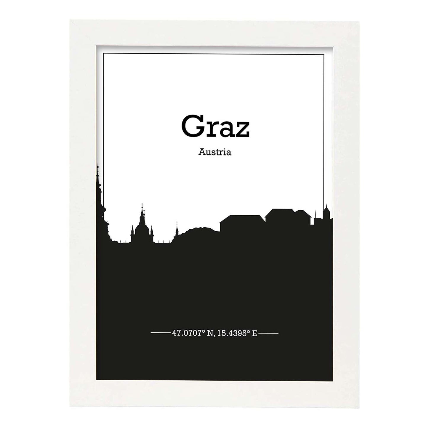 Poster con mapa de Graz - Austria. Láminas con Skyline de ciudades de Europa con sombra negra.-Artwork-Nacnic-A3-Marco Blanco-Nacnic Estudio SL