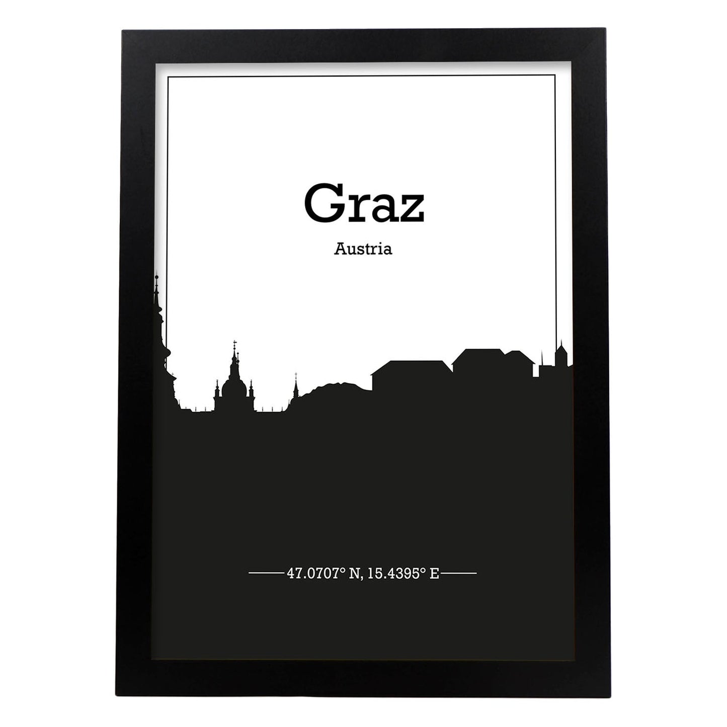 Poster con mapa de Graz - Austria. Láminas con Skyline de ciudades de Europa con sombra negra.-Artwork-Nacnic-A3-Marco Negro-Nacnic Estudio SL