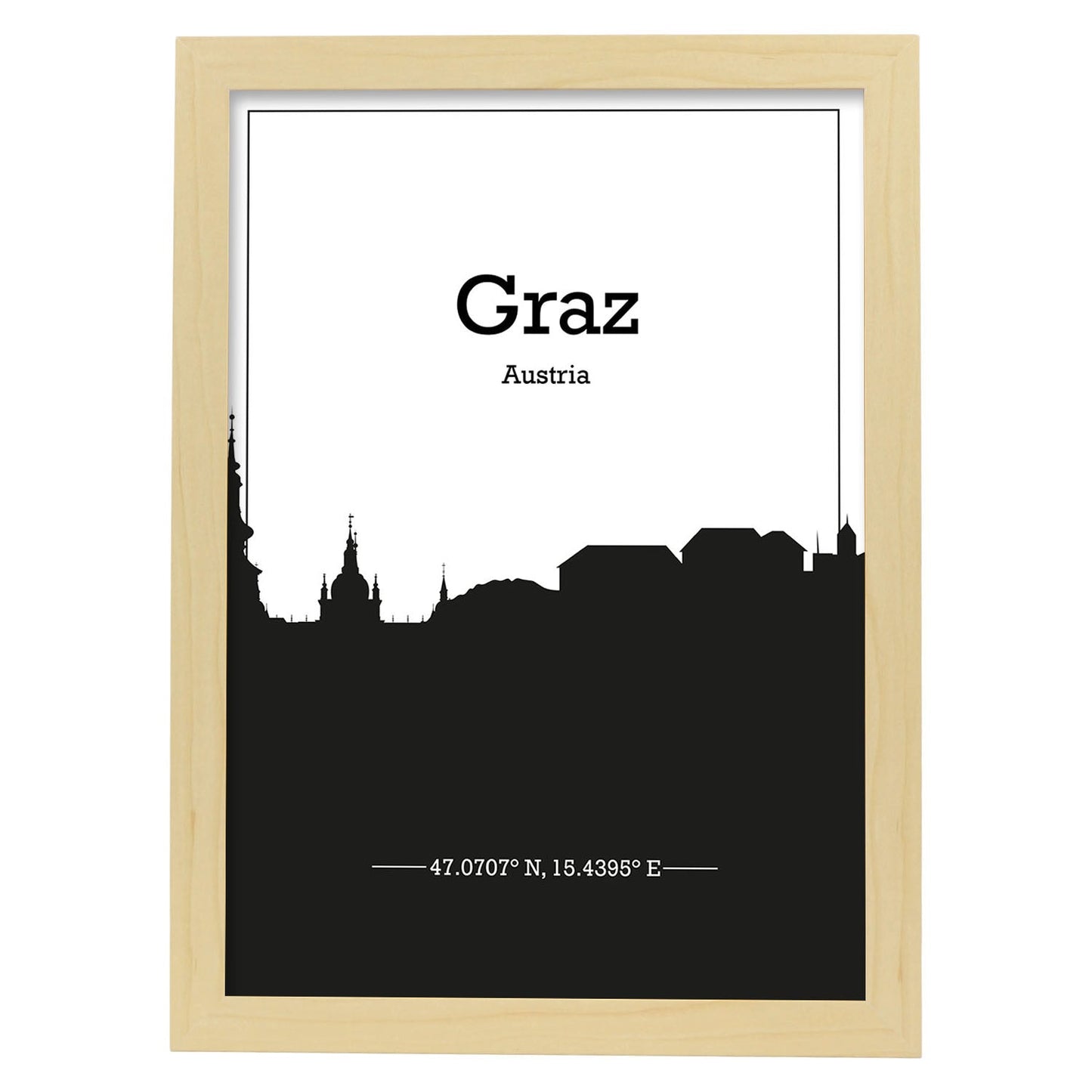 Poster con mapa de Graz - Austria. Láminas con Skyline de ciudades de Europa con sombra negra.-Artwork-Nacnic-A4-Marco Madera clara-Nacnic Estudio SL