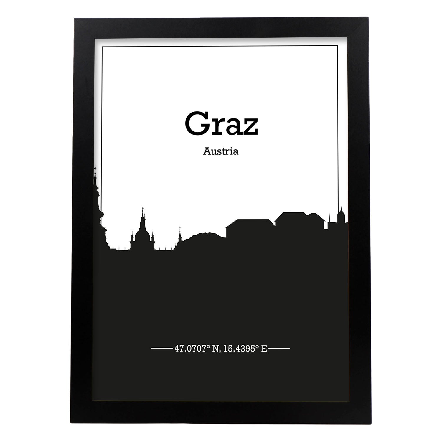 Poster con mapa de Graz - Austria. Láminas con Skyline de ciudades de Europa con sombra negra.-Artwork-Nacnic-A4-Marco Negro-Nacnic Estudio SL