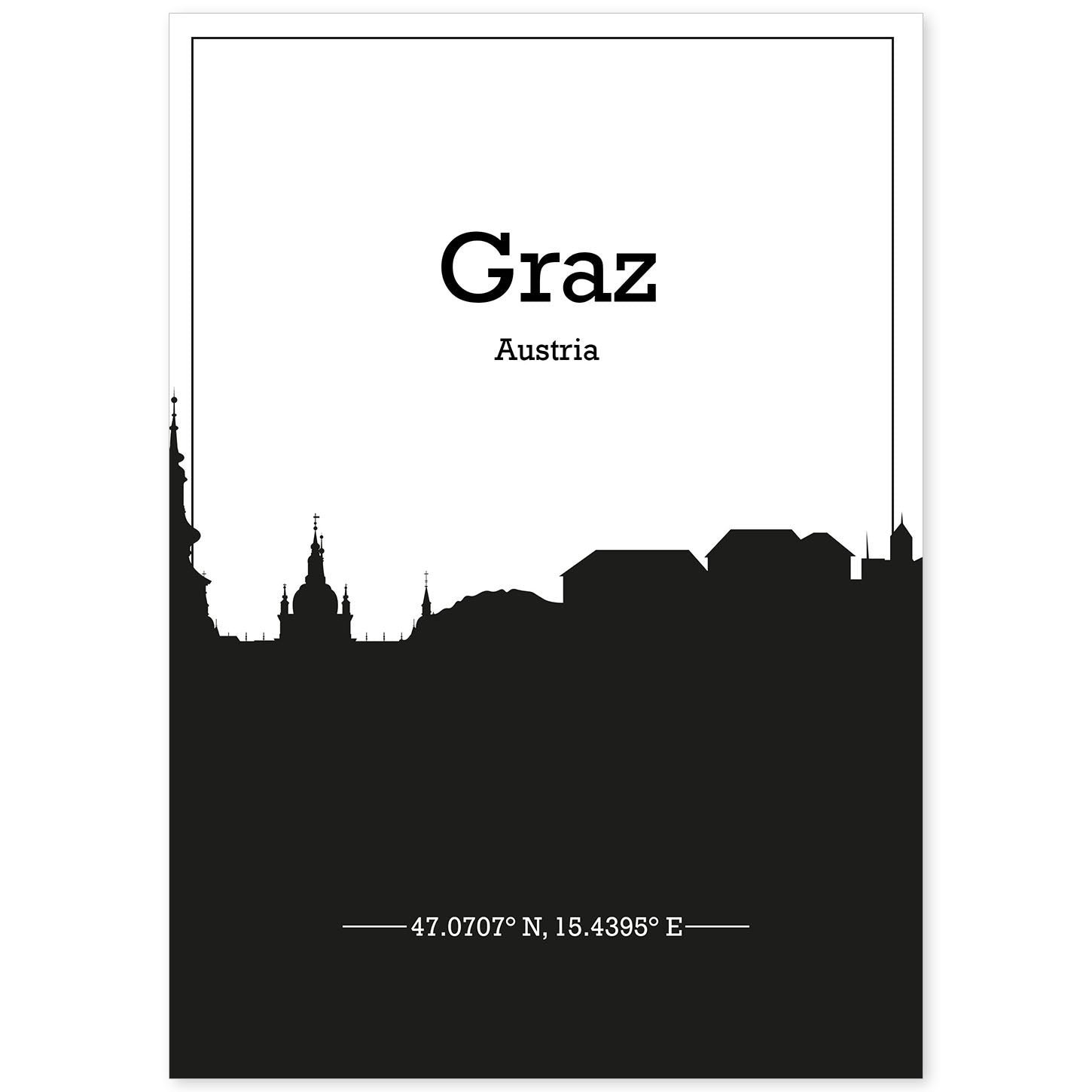 Poster con mapa de Graz - Austria. Láminas con Skyline de ciudades de Europa con sombra negra.-Artwork-Nacnic-A4-Sin marco-Nacnic Estudio SL