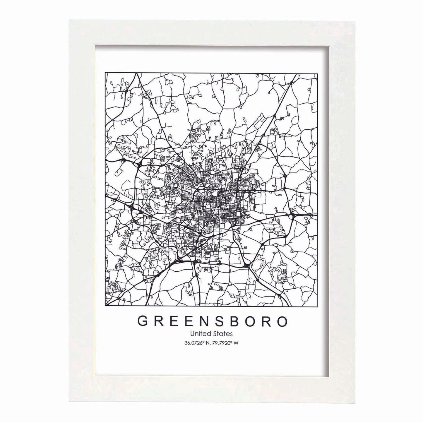 Poster con mapa de Greensboro. Lámina de Estados Unidos, con imágenes de mapas y carreteras-Artwork-Nacnic-A3-Marco Blanco-Nacnic Estudio SL