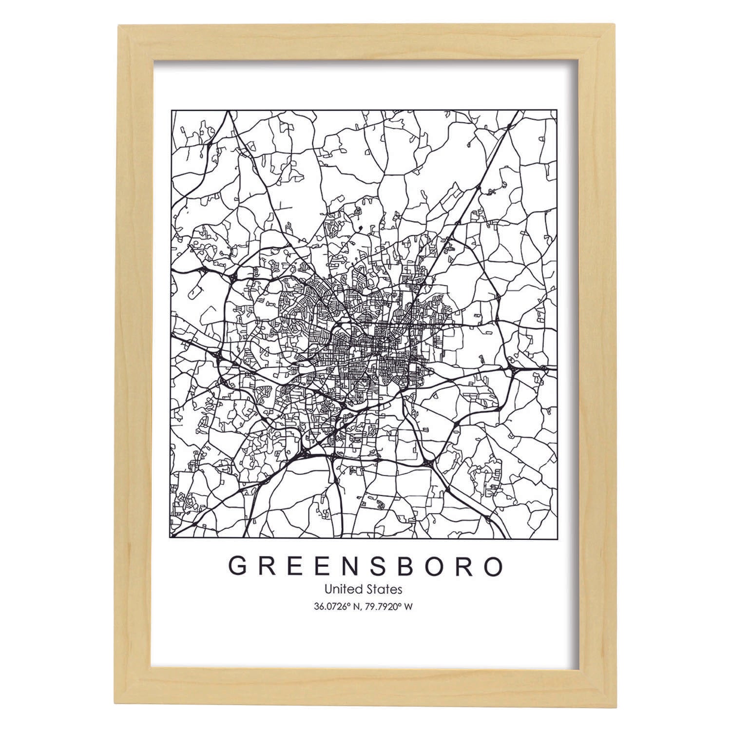 Poster con mapa de Greensboro. Lámina de Estados Unidos, con imágenes de mapas y carreteras-Artwork-Nacnic-A3-Marco Madera clara-Nacnic Estudio SL