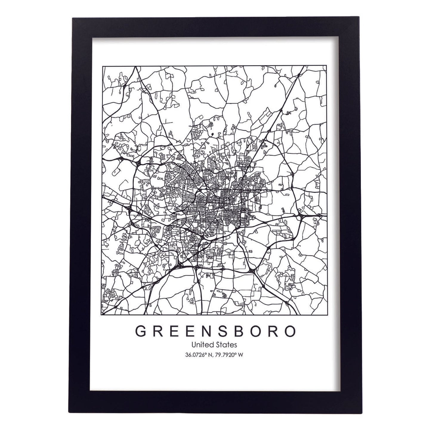 Poster con mapa de Greensboro. Lámina de Estados Unidos, con imágenes de mapas y carreteras-Artwork-Nacnic-A3-Marco Negro-Nacnic Estudio SL