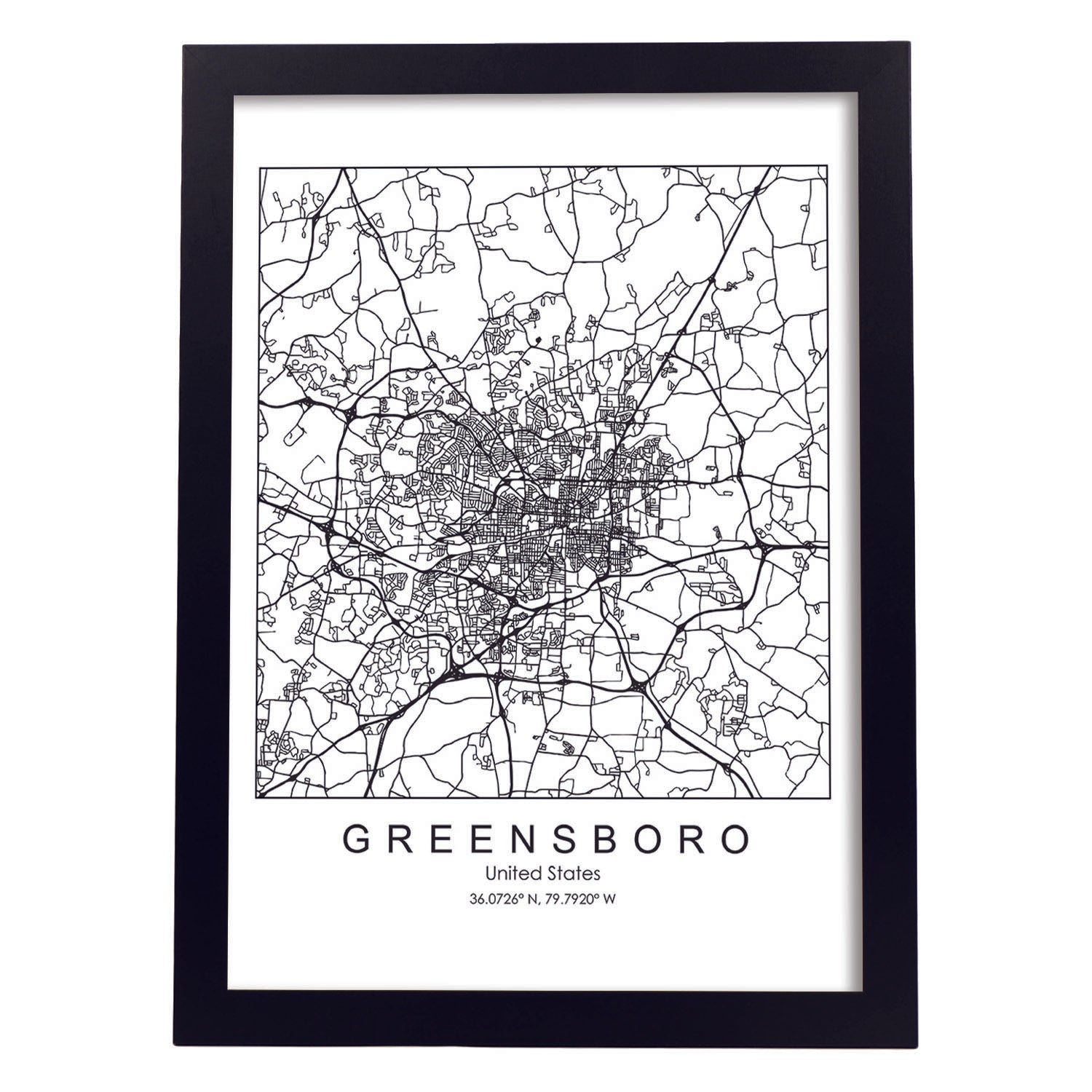 Poster con mapa de Greensboro. Lámina de Estados Unidos, con imágenes de mapas y carreteras-Artwork-Nacnic-A4-Marco Negro-Nacnic Estudio SL