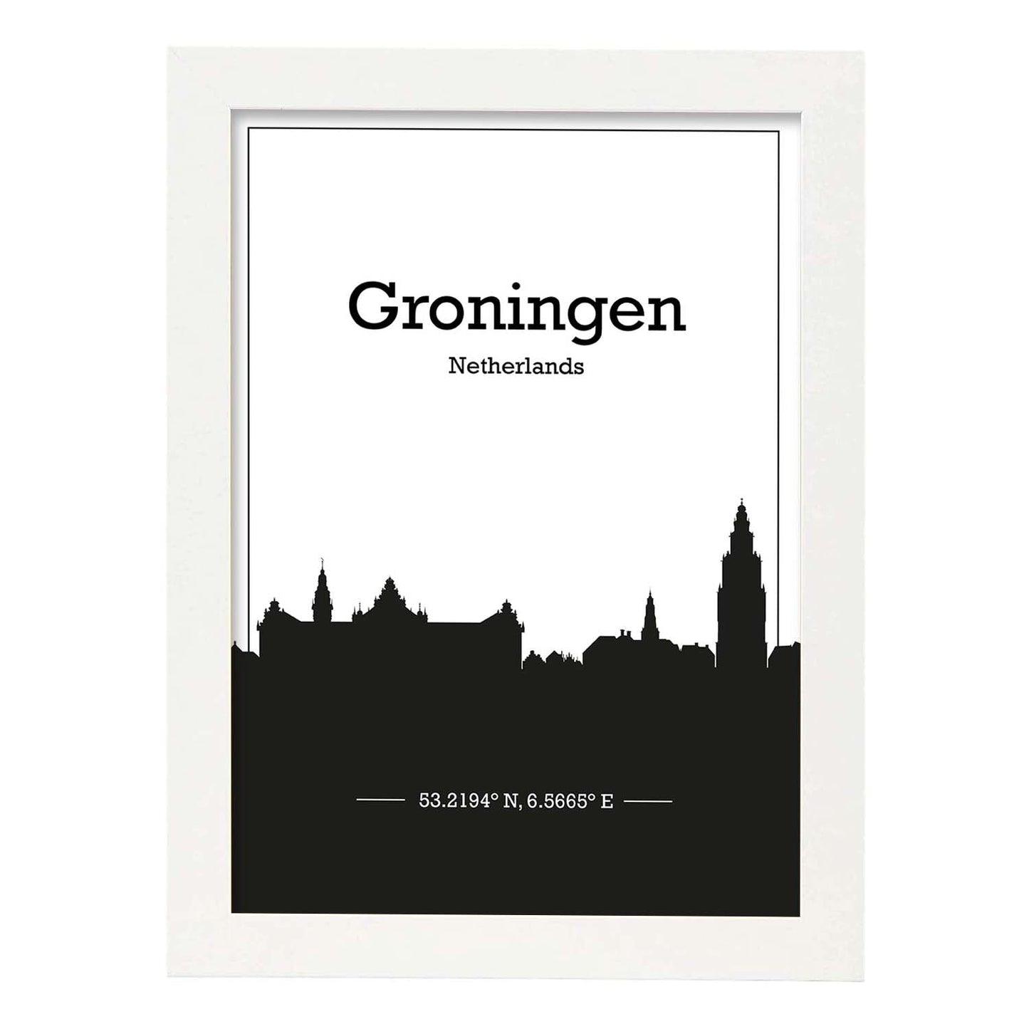 Poster con mapa de Groningen - Holanda. Láminas con Skyline de ciudades de Europa con sombra negra.-Artwork-Nacnic-A3-Marco Blanco-Nacnic Estudio SL