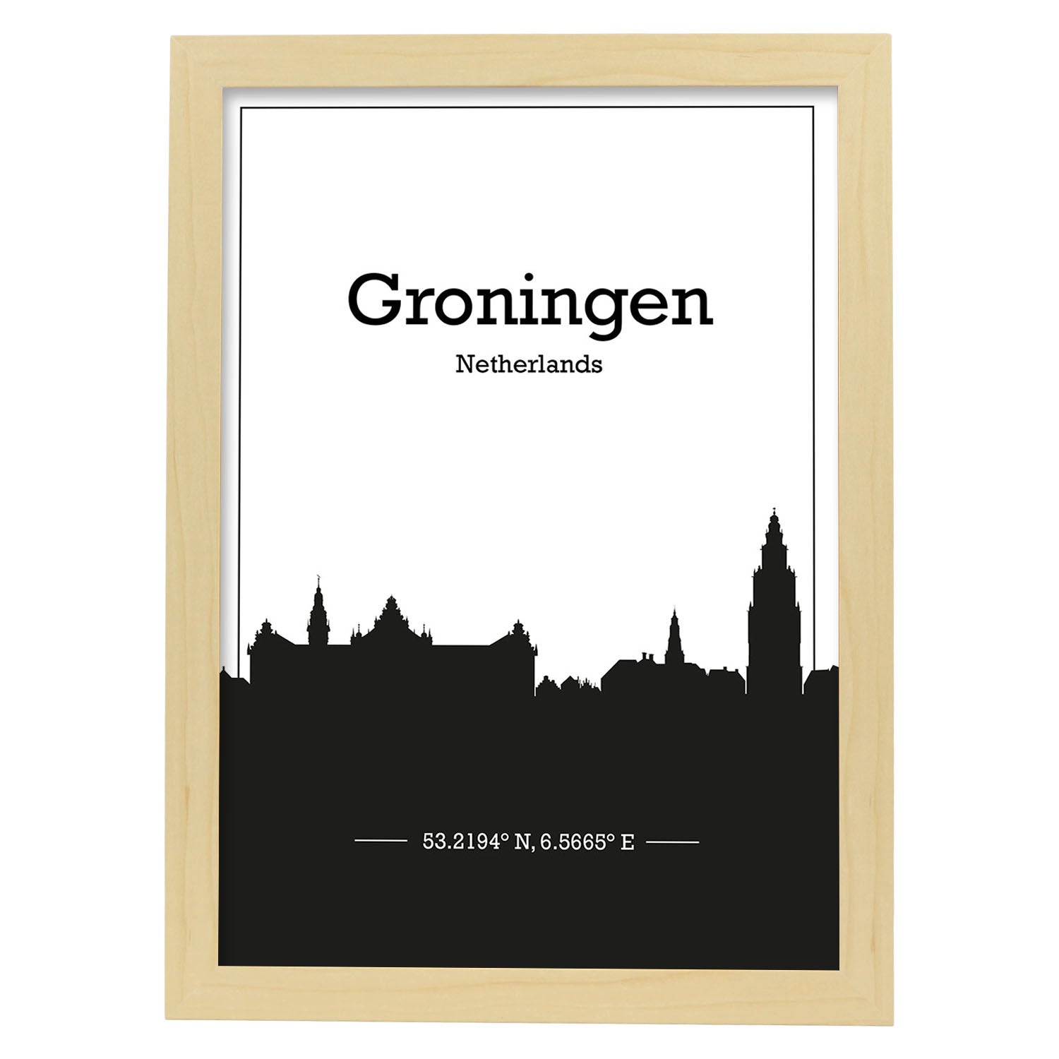 Poster con mapa de Groningen - Holanda. Láminas con Skyline de ciudades de Europa con sombra negra.-Artwork-Nacnic-A3-Marco Madera clara-Nacnic Estudio SL