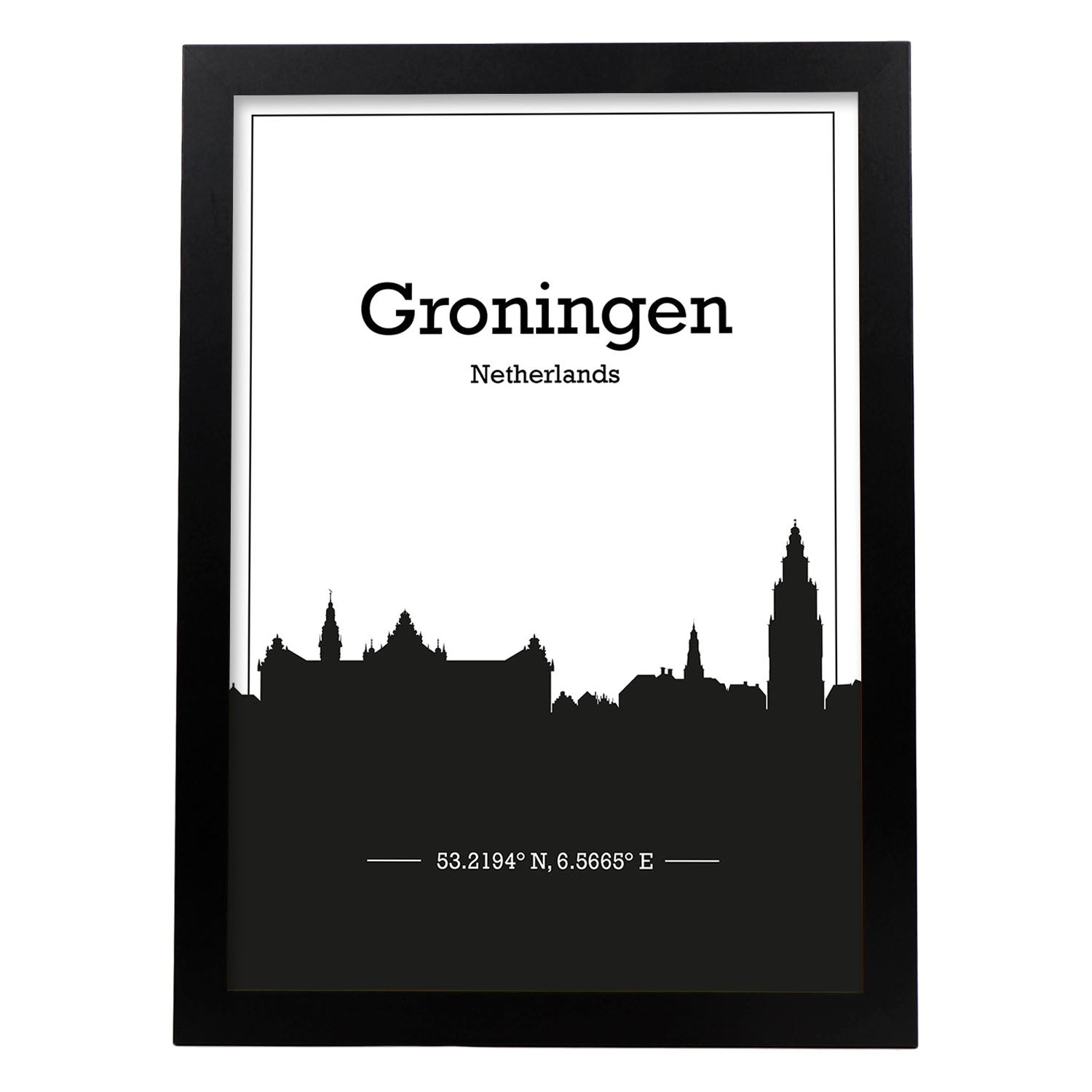 Poster con mapa de Groningen - Holanda. Láminas con Skyline de ciudades de Europa con sombra negra.-Artwork-Nacnic-A3-Marco Negro-Nacnic Estudio SL