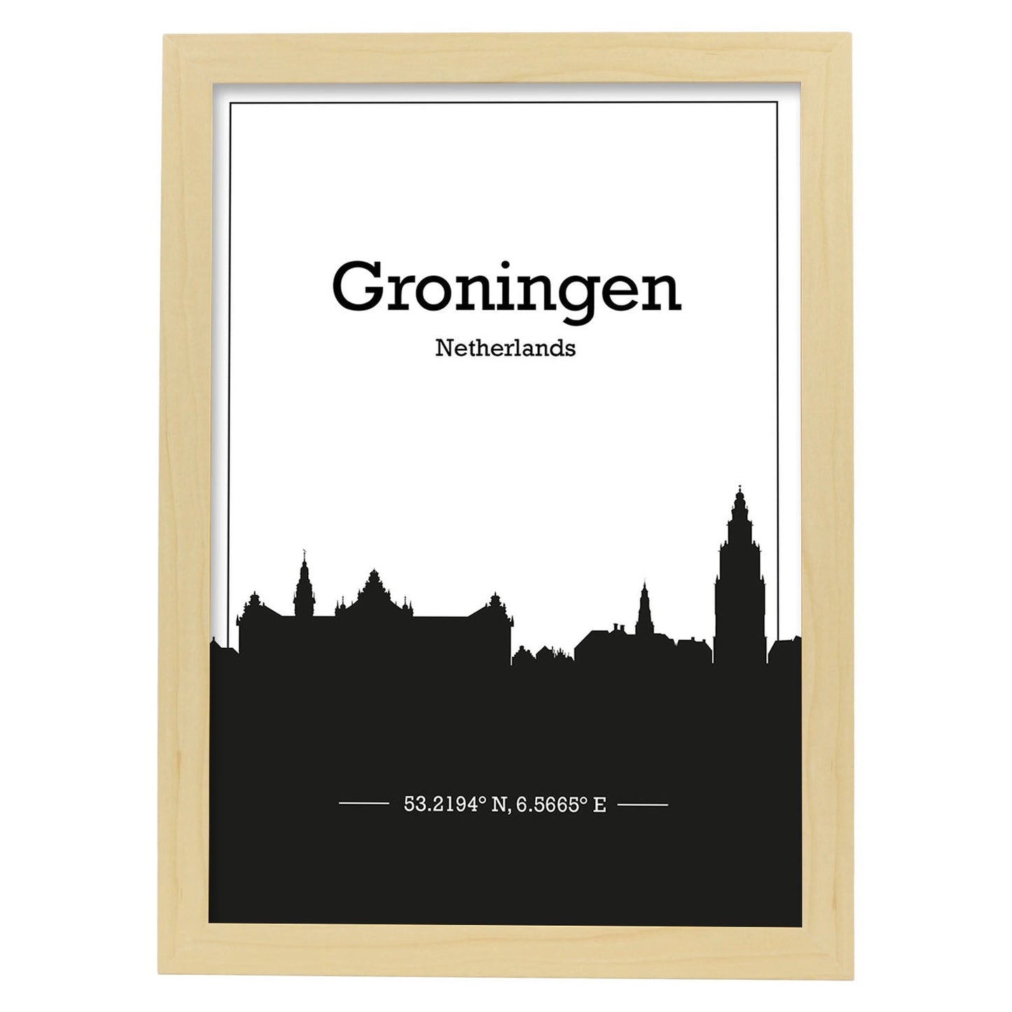 Poster con mapa de Groningen - Holanda. Láminas con Skyline de ciudades de Europa con sombra negra.-Artwork-Nacnic-A4-Marco Madera clara-Nacnic Estudio SL