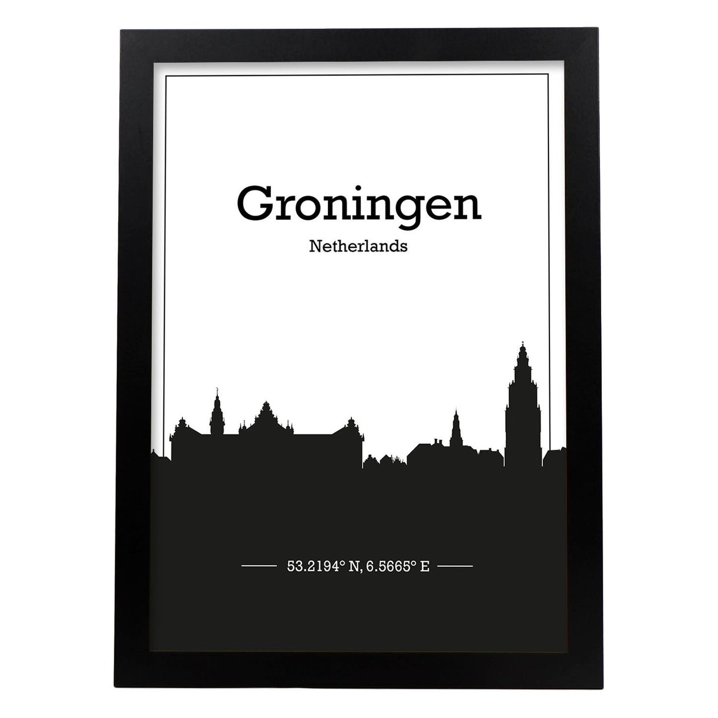 Poster con mapa de Groningen - Holanda. Láminas con Skyline de ciudades de Europa con sombra negra.-Artwork-Nacnic-A4-Marco Negro-Nacnic Estudio SL