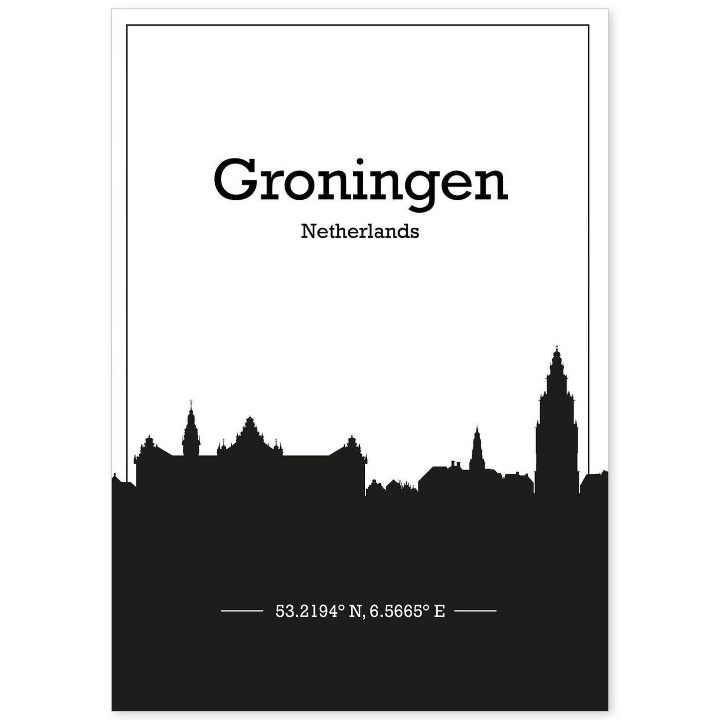 Poster con mapa de Groningen - Holanda. Láminas con Skyline de ciudades de Europa con sombra negra.-Artwork-Nacnic-A4-Sin marco-Nacnic Estudio SL