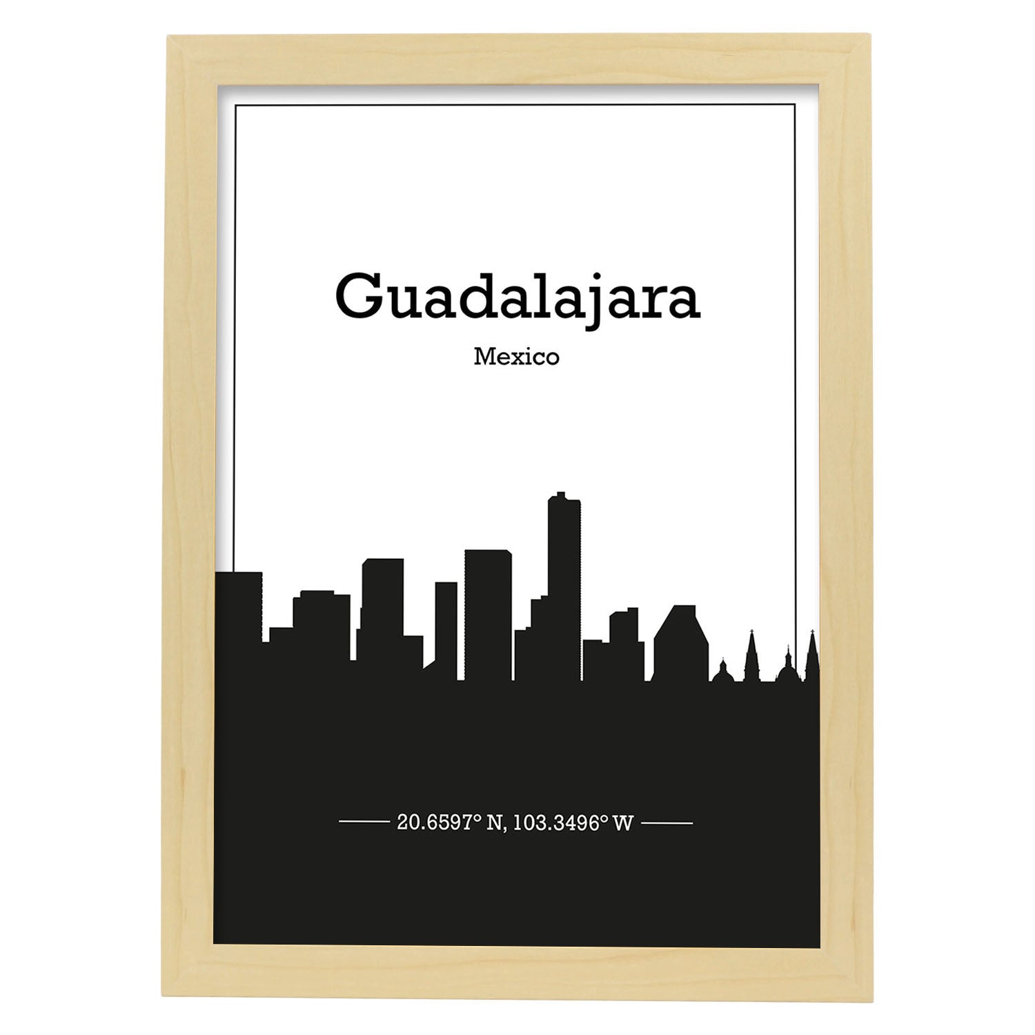 Poster con mapa de Guadalajar - Mexico. Láminas con Skyline de ciudades de Estados Unidos, Canada, Mexico con sombra negra.-Artwork-Nacnic-A3-Marco Madera clara-Nacnic Estudio SL