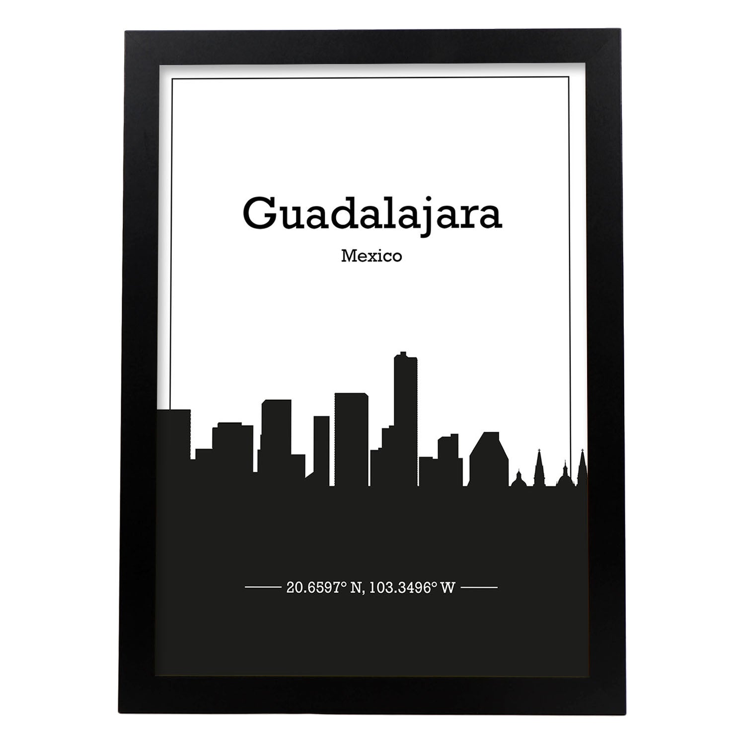 Poster con mapa de Guadalajar - Mexico. Láminas con Skyline de ciudades de Estados Unidos, Canada, Mexico con sombra negra.-Artwork-Nacnic-A3-Marco Negro-Nacnic Estudio SL