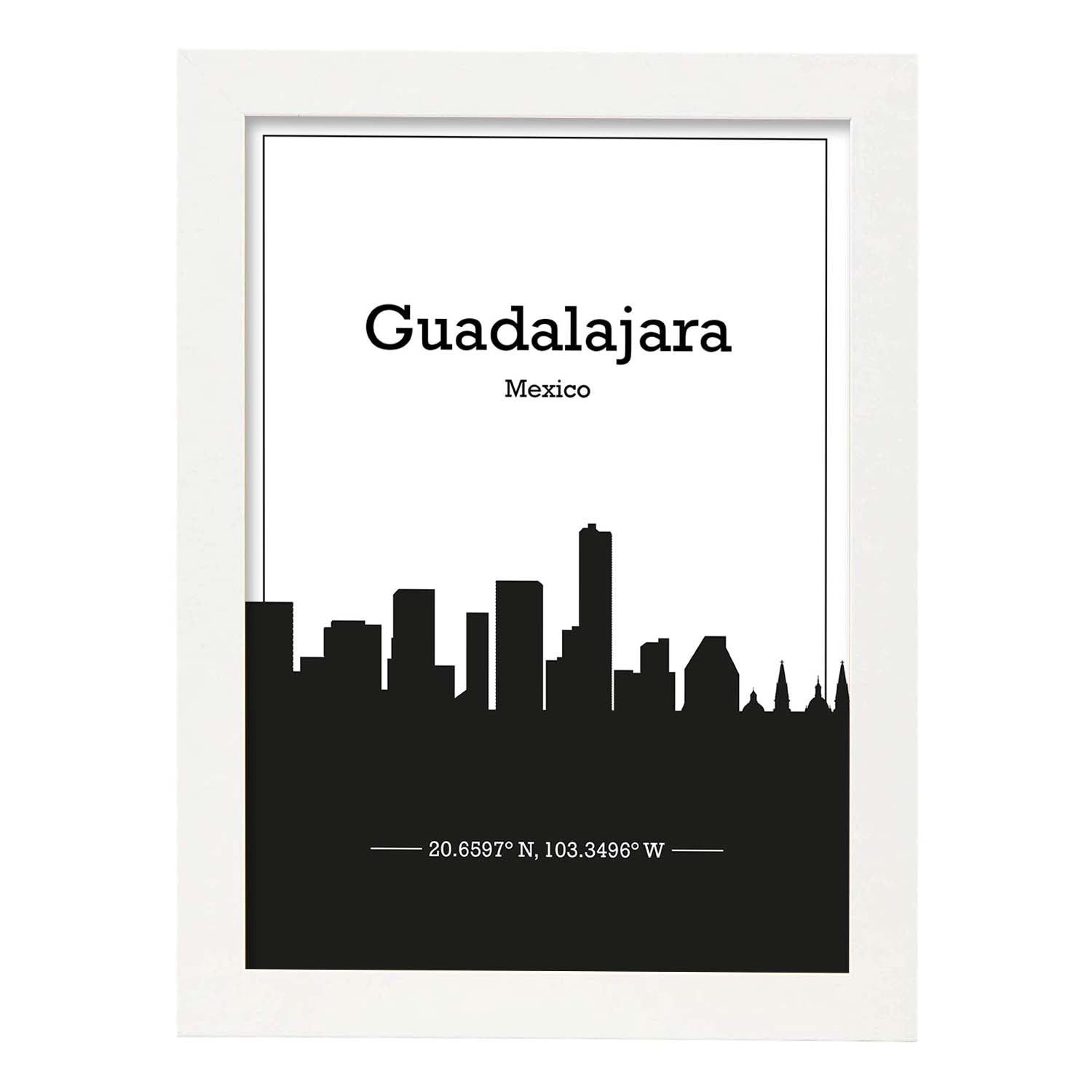 Poster con mapa de Guadalajar - Mexico. Láminas con Skyline de ciudades de Estados Unidos, Canada, Mexico con sombra negra.-Artwork-Nacnic-A4-Marco Blanco-Nacnic Estudio SL