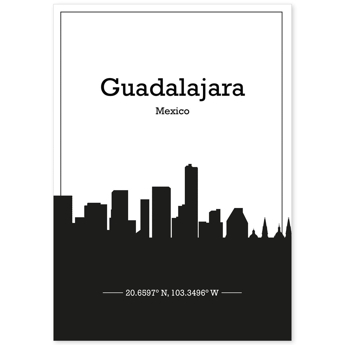 Poster con mapa de Guadalajar - Mexico. Láminas con Skyline de ciudades de Estados Unidos, Canada, Mexico con sombra negra.-Artwork-Nacnic-A4-Sin marco-Nacnic Estudio SL