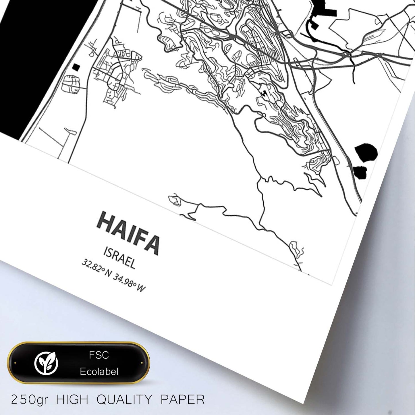 Poster con mapa de Haifa - Israel. Láminas de ciudades de Oriente Medio con mares y ríos en color negro.-Artwork-Nacnic-Nacnic Estudio SL