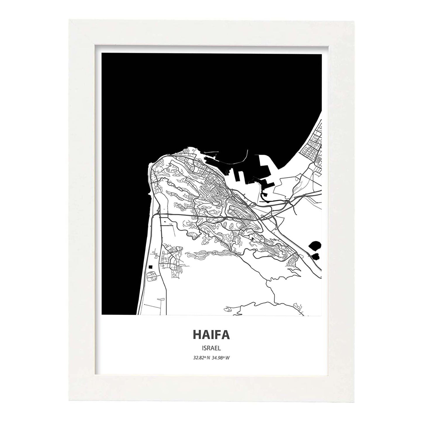 Poster con mapa de Haifa - Israel. Láminas de ciudades de Oriente Medio con mares y ríos en color negro.-Artwork-Nacnic-A3-Marco Blanco-Nacnic Estudio SL