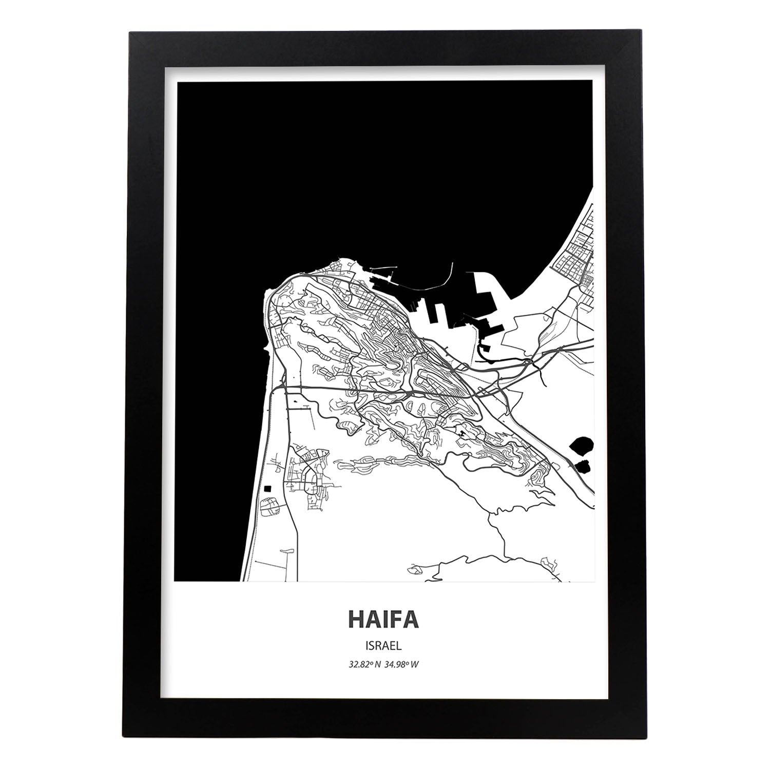 Poster con mapa de Haifa - Israel. Láminas de ciudades de Oriente Medio con mares y ríos en color negro.-Artwork-Nacnic-A3-Marco Negro-Nacnic Estudio SL