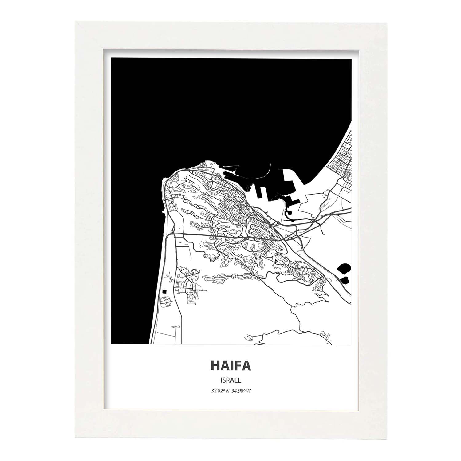 Poster con mapa de Haifa - Israel. Láminas de ciudades de Oriente Medio con mares y ríos en color negro.-Artwork-Nacnic-A4-Marco Blanco-Nacnic Estudio SL
