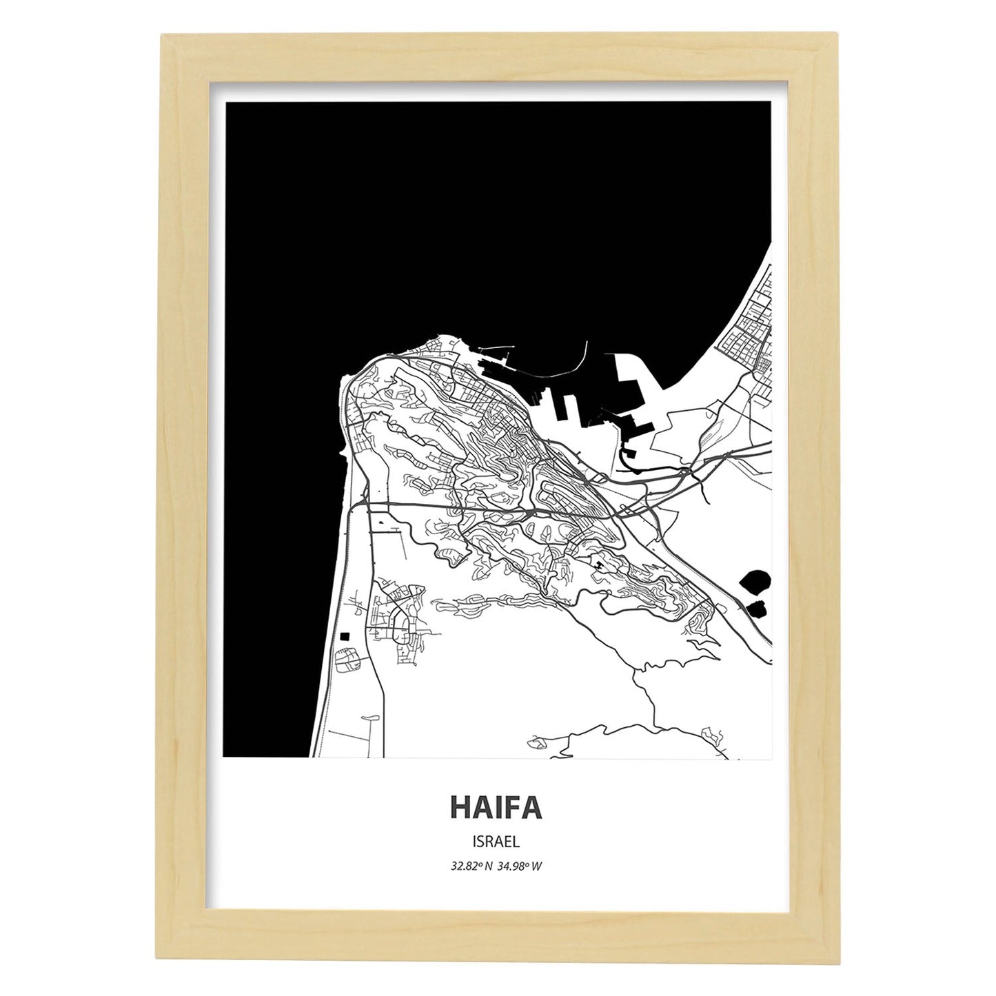Poster con mapa de Haifa - Israel. Láminas de ciudades de Oriente Medio con mares y ríos en color negro.-Artwork-Nacnic-A4-Marco Madera clara-Nacnic Estudio SL