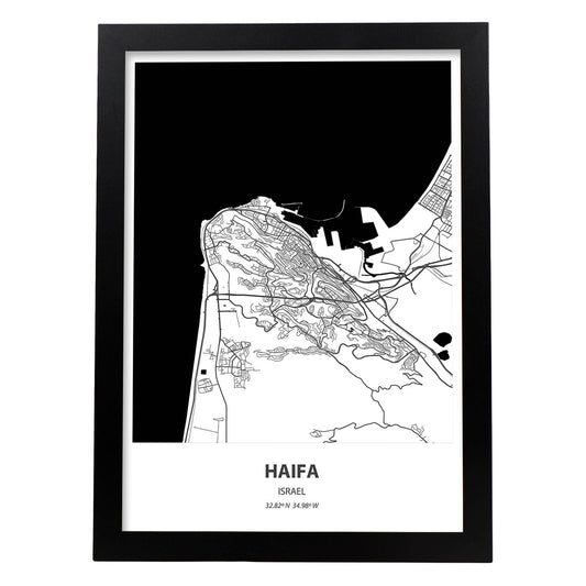 Poster con mapa de Haifa - Israel. Láminas de ciudades de Oriente Medio con mares y ríos en color negro.-Artwork-Nacnic-A4-Marco Negro-Nacnic Estudio SL