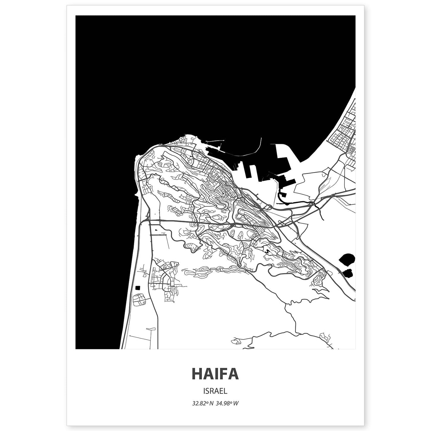 Poster con mapa de Haifa - Israel. Láminas de ciudades de Oriente Medio con mares y ríos en color negro.-Artwork-Nacnic-A4-Sin marco-Nacnic Estudio SL