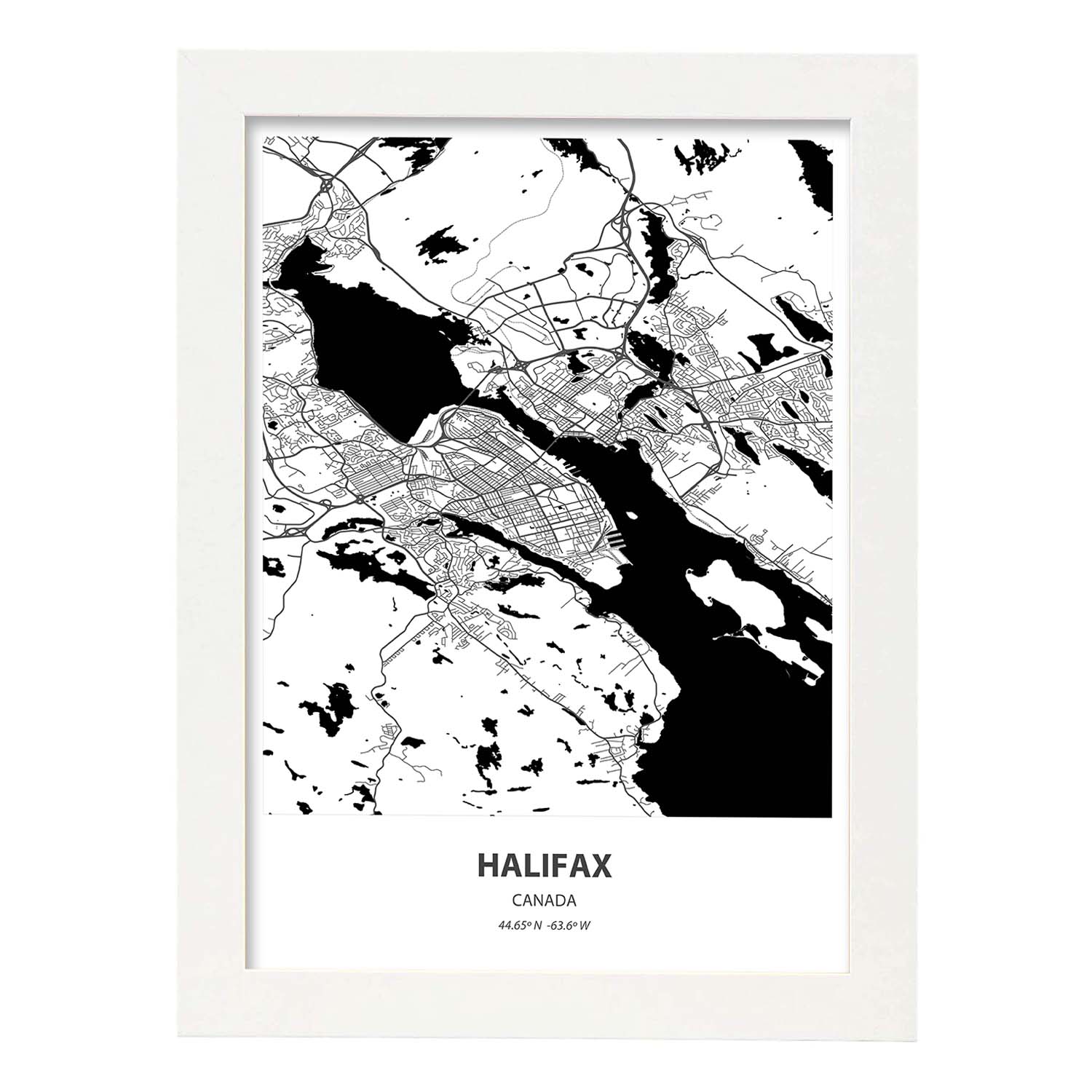 Poster con mapa de Halifax - Canada. Láminas de ciudades de Canada con mares y ríos en color negro.-Artwork-Nacnic-A3-Marco Blanco-Nacnic Estudio SL
