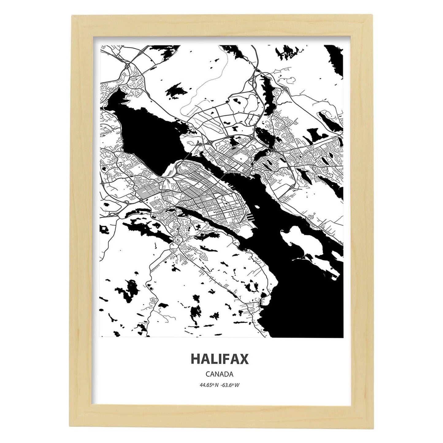 Poster con mapa de Halifax - Canada. Láminas de ciudades de Canada con mares y ríos en color negro.-Artwork-Nacnic-A3-Marco Madera clara-Nacnic Estudio SL