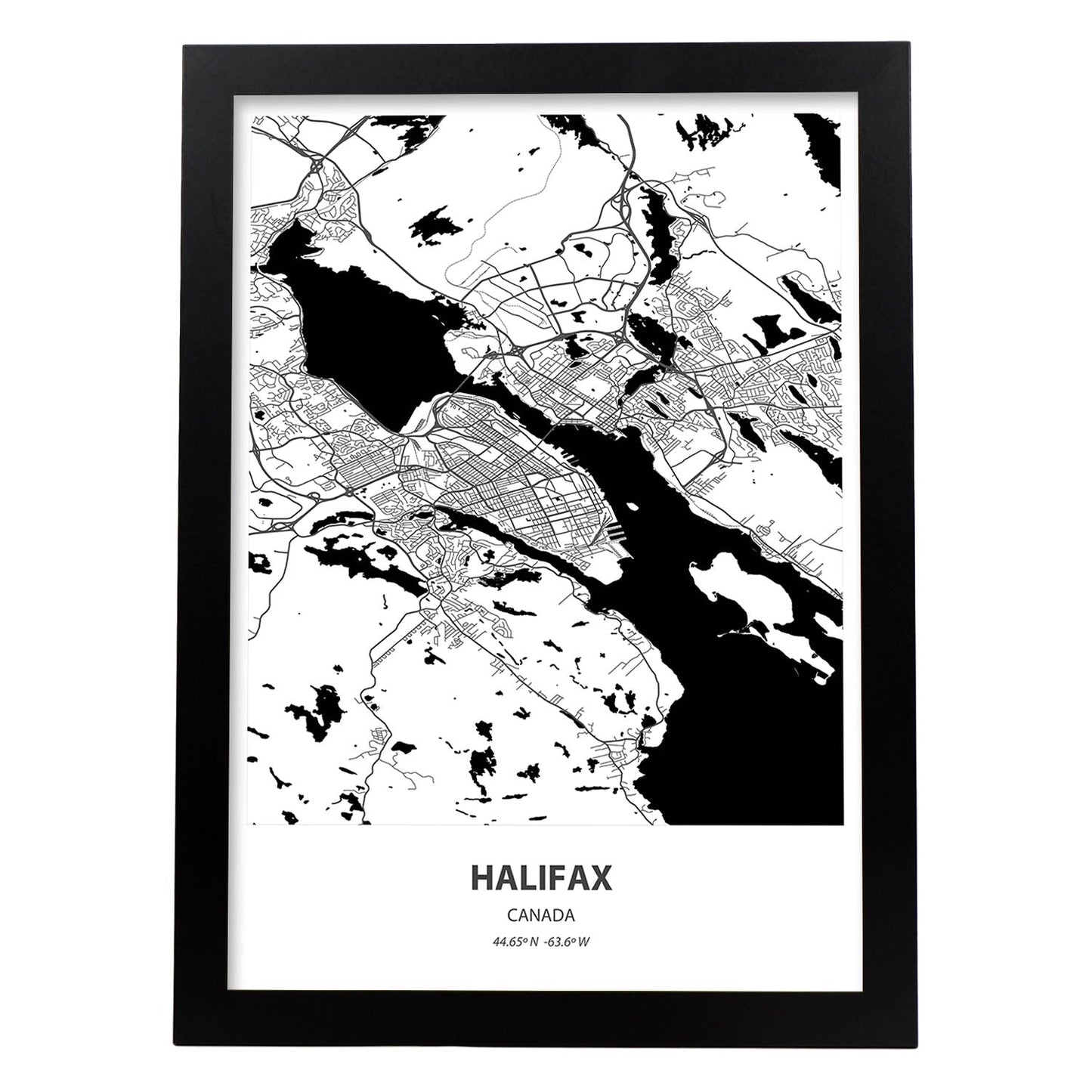 Poster con mapa de Halifax - Canada. Láminas de ciudades de Canada con mares y ríos en color negro.-Artwork-Nacnic-A3-Marco Negro-Nacnic Estudio SL