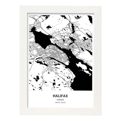 Poster con mapa de Halifax - Canada. Láminas de ciudades de Canada con mares y ríos en color negro.-Artwork-Nacnic-A4-Marco Blanco-Nacnic Estudio SL