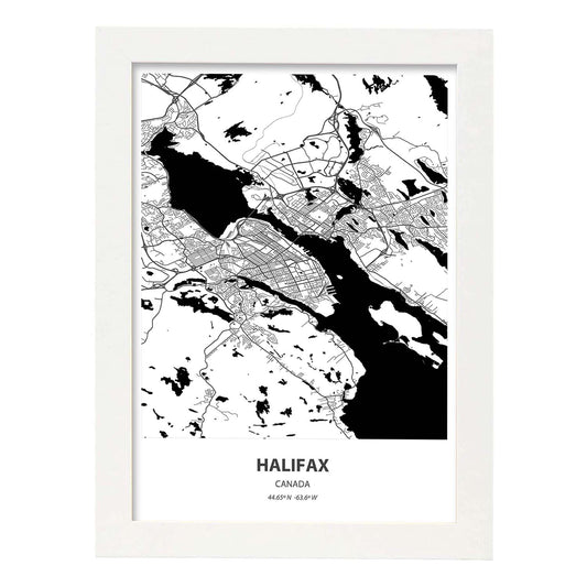 Poster con mapa de Halifax - Canada. Láminas de ciudades de Canada con mares y ríos en color negro.-Artwork-Nacnic-A4-Marco Blanco-Nacnic Estudio SL