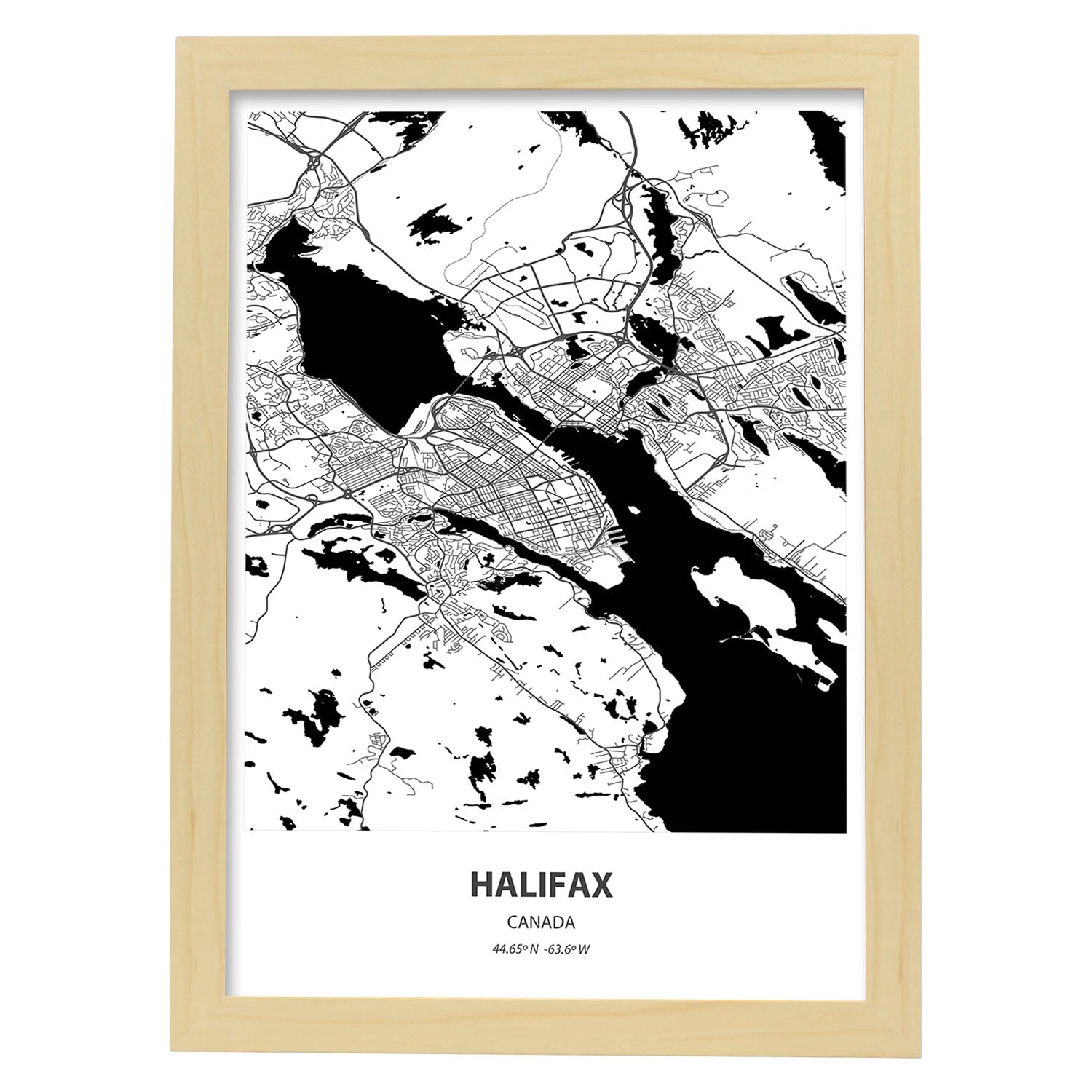 Poster con mapa de Halifax - Canada. Láminas de ciudades de Canada con mares y ríos en color negro.-Artwork-Nacnic-A4-Marco Madera clara-Nacnic Estudio SL
