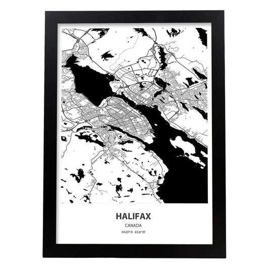 Poster con mapa de Halifax - Canada. Láminas de ciudades de Canada con mares y ríos en color negro.-Artwork-Nacnic-A4-Marco Negro-Nacnic Estudio SL