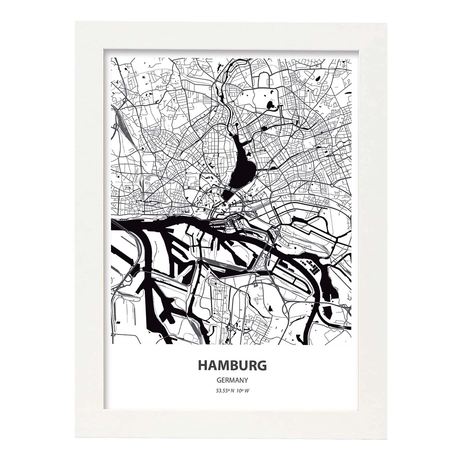 Poster con mapa de Hamburg - Alemania. Láminas de ciudades de Alemania con mares y ríos en color negro.-Artwork-Nacnic-A3-Marco Blanco-Nacnic Estudio SL