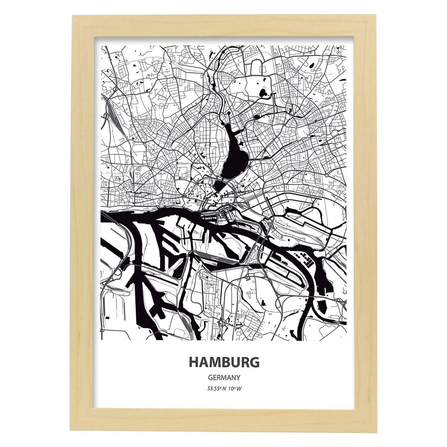 Poster con mapa de Hamburg - Alemania. Láminas de ciudades de Alemania con mares y ríos en color negro.-Artwork-Nacnic-A3-Marco Madera clara-Nacnic Estudio SL