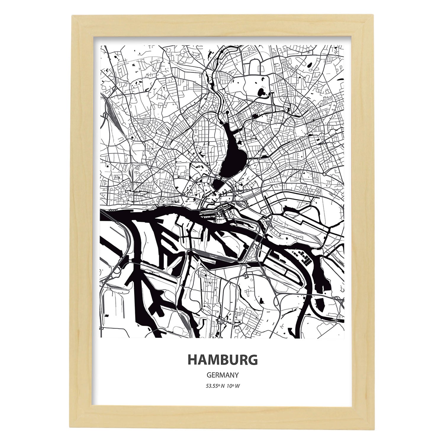 Poster con mapa de Hamburg - Alemania. Láminas de ciudades de Alemania con mares y ríos en color negro.-Artwork-Nacnic-A3-Marco Madera clara-Nacnic Estudio SL