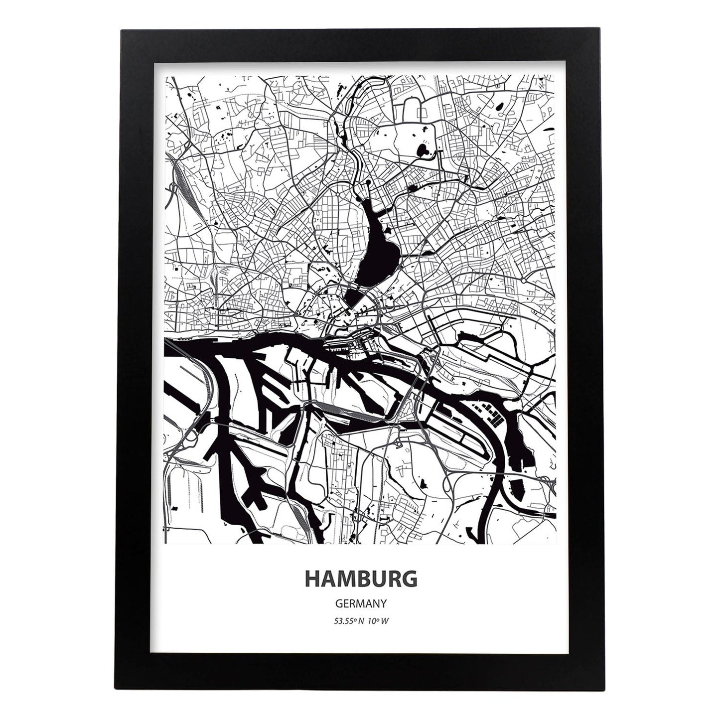 Poster con mapa de Hamburg - Alemania. Láminas de ciudades de Alemania con mares y ríos en color negro.-Artwork-Nacnic-A3-Marco Negro-Nacnic Estudio SL