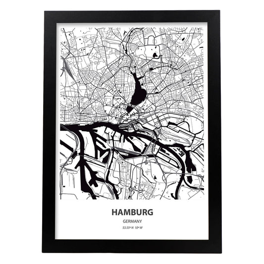 Poster con mapa de Hamburg - Alemania. Láminas de ciudades de Alemania con mares y ríos en color negro.-Artwork-Nacnic-A4-Marco Negro-Nacnic Estudio SL