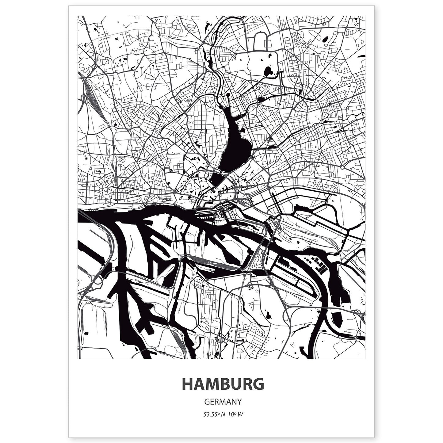 Poster con mapa de Hamburg - Alemania. Láminas de ciudades de Alemania con mares y ríos en color negro.-Artwork-Nacnic-A4-Sin marco-Nacnic Estudio SL