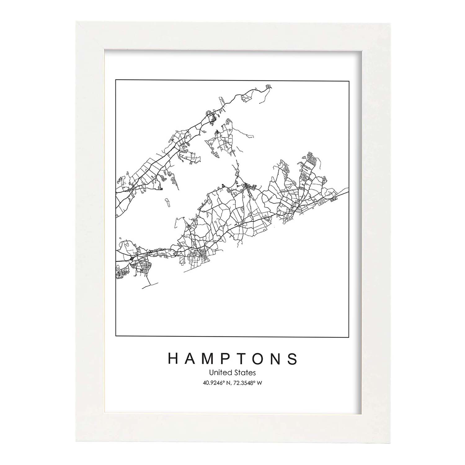 Poster con mapa de Hamptons. Lámina de Estados Unidos, con imágenes de mapas y carreteras-Artwork-Nacnic-A3-Marco Blanco-Nacnic Estudio SL