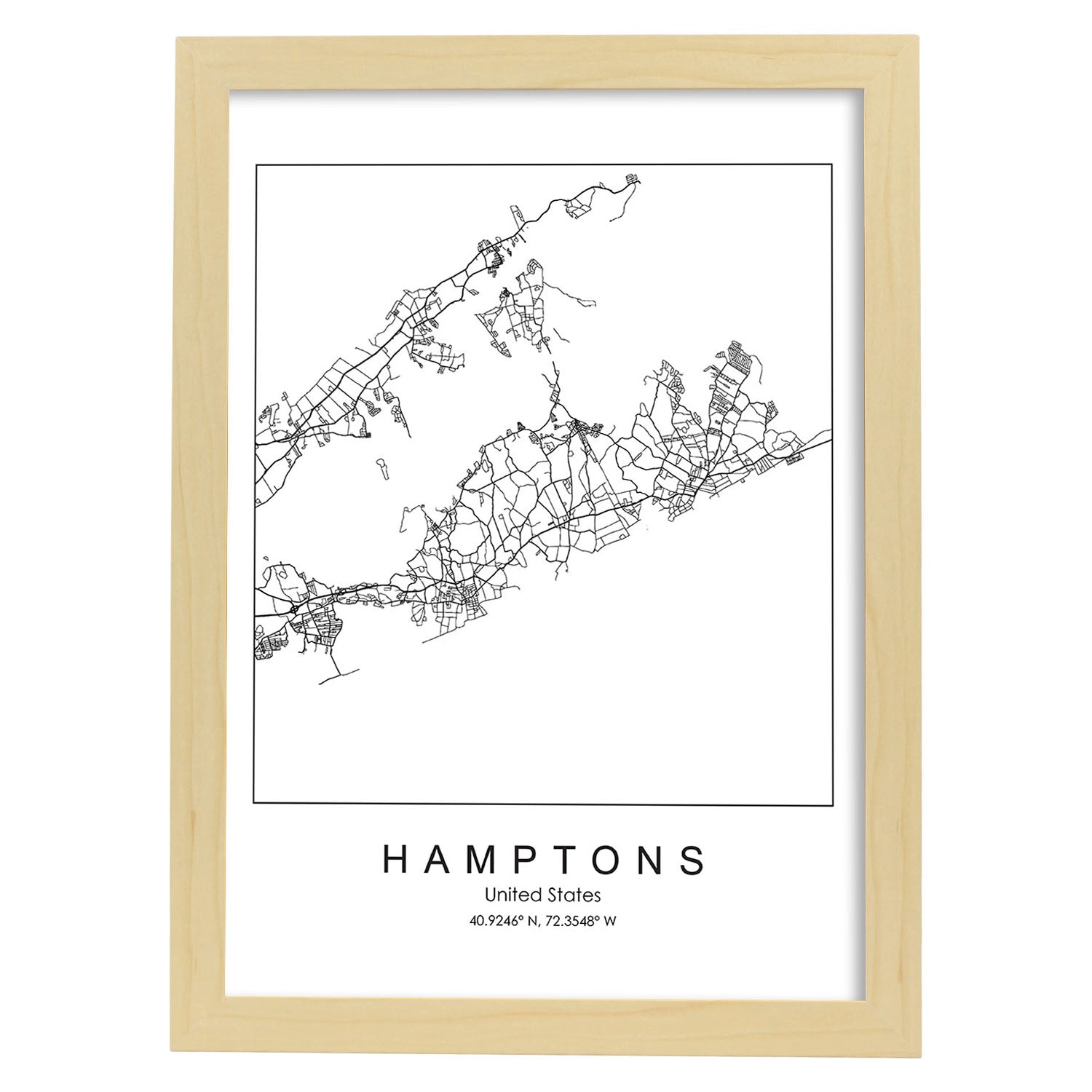 Poster con mapa de Hamptons. Lámina de Estados Unidos, con imágenes de mapas y carreteras-Artwork-Nacnic-A3-Marco Madera clara-Nacnic Estudio SL